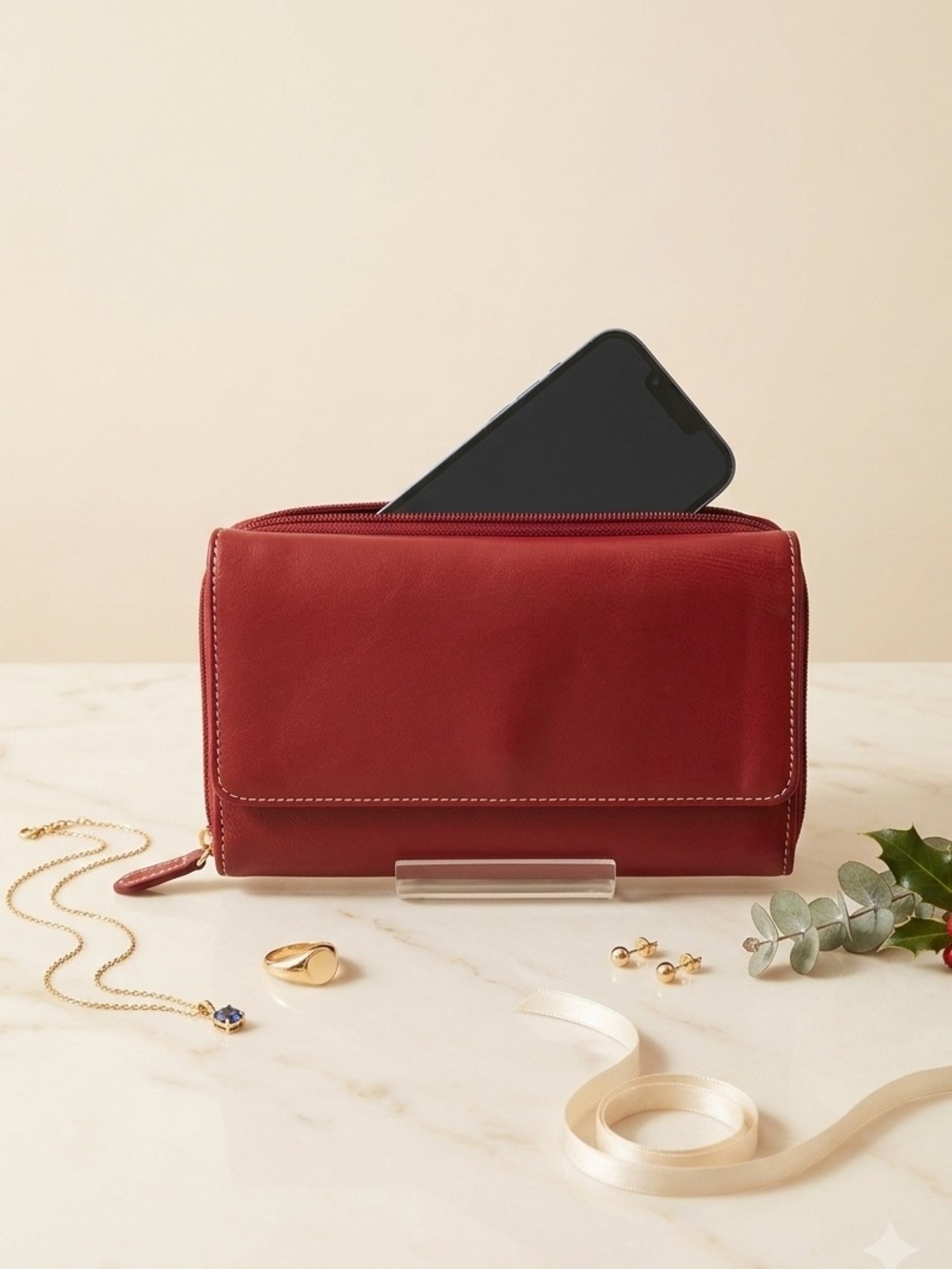 Red Leather Women's Crossbody Wallet